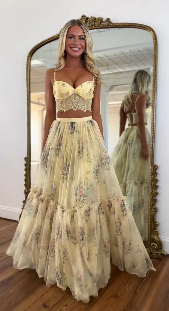 Pale Yellow Floral Print Skirt Set