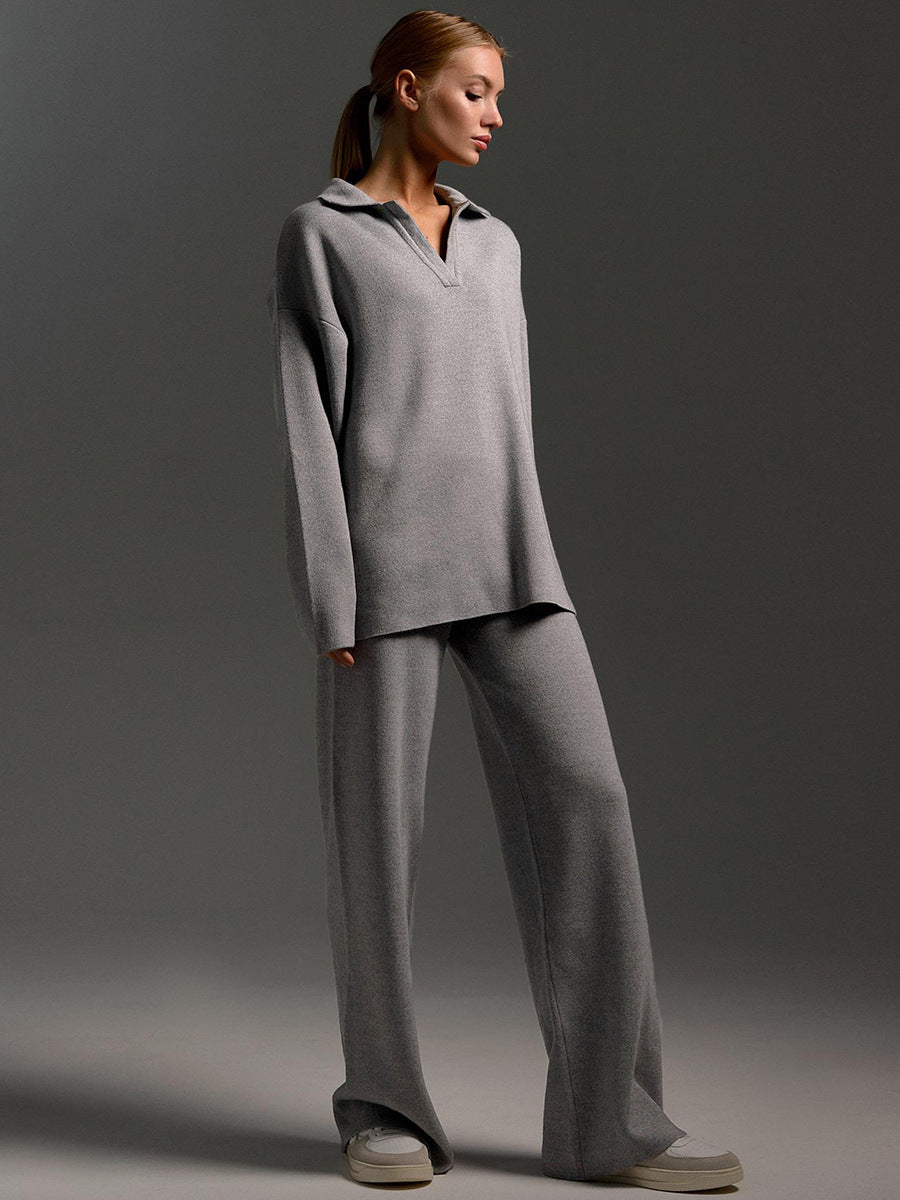 Women's Sweatshirt Suit Casual Collared Long-Sleeved Pullover Top And Loose Straight-Leg Pants Fashion Sport Trousers Set