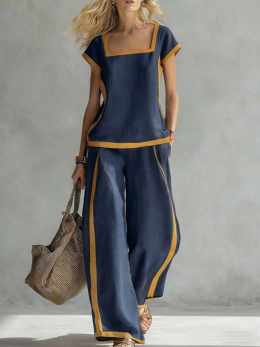 Womens Square-Neck Short-Sleeve Casual Loose Top And Pants Set