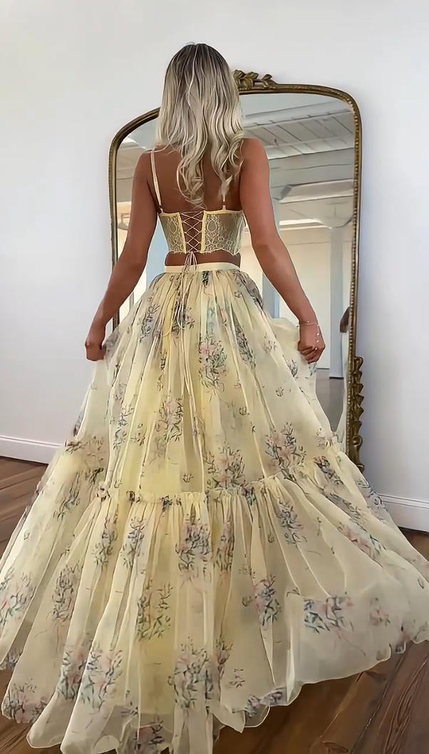Pale Yellow Floral Print Skirt Set