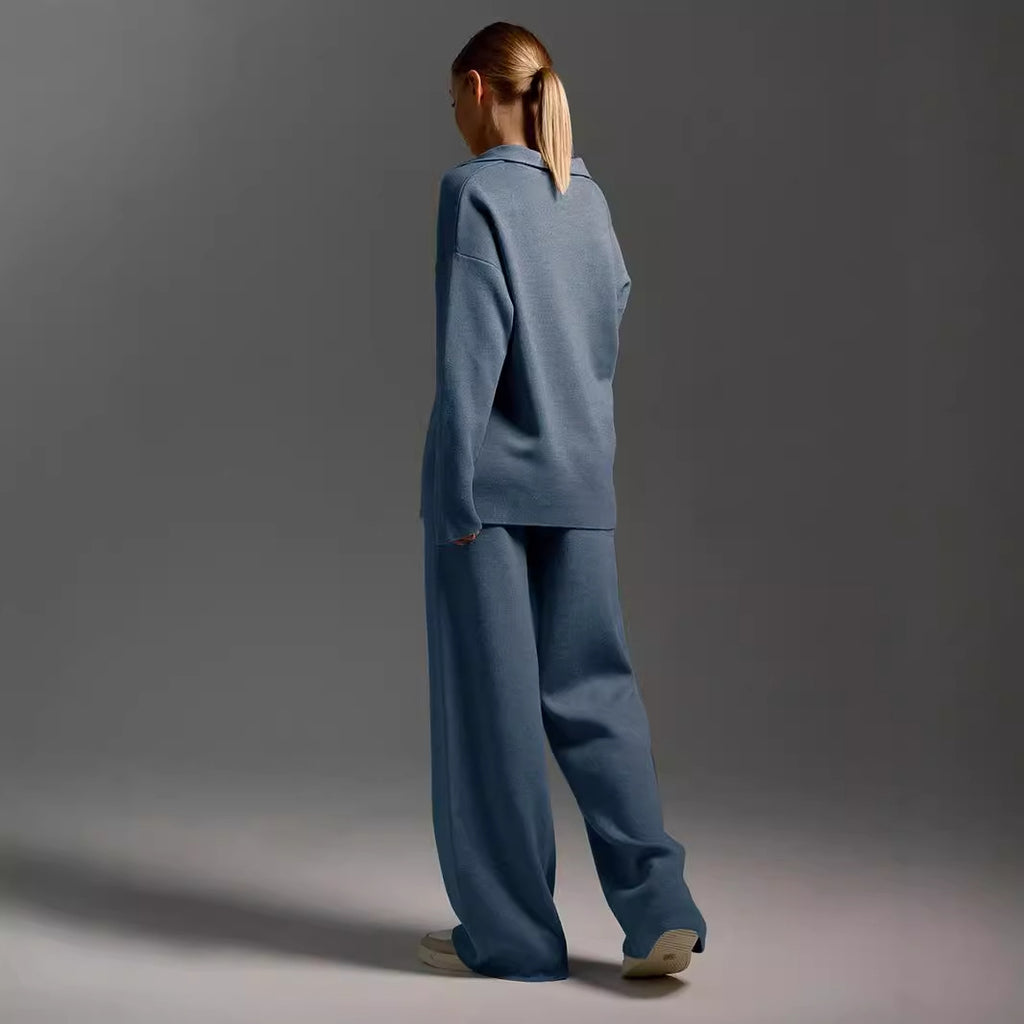Women's Sweatshirt Suit Casual Collared Long-Sleeved Pullover Top And Loose Straight-Leg Pants Fashion Sport Trousers Set