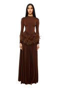 Brown Feather Waist Long Sleeve Maxi Dress