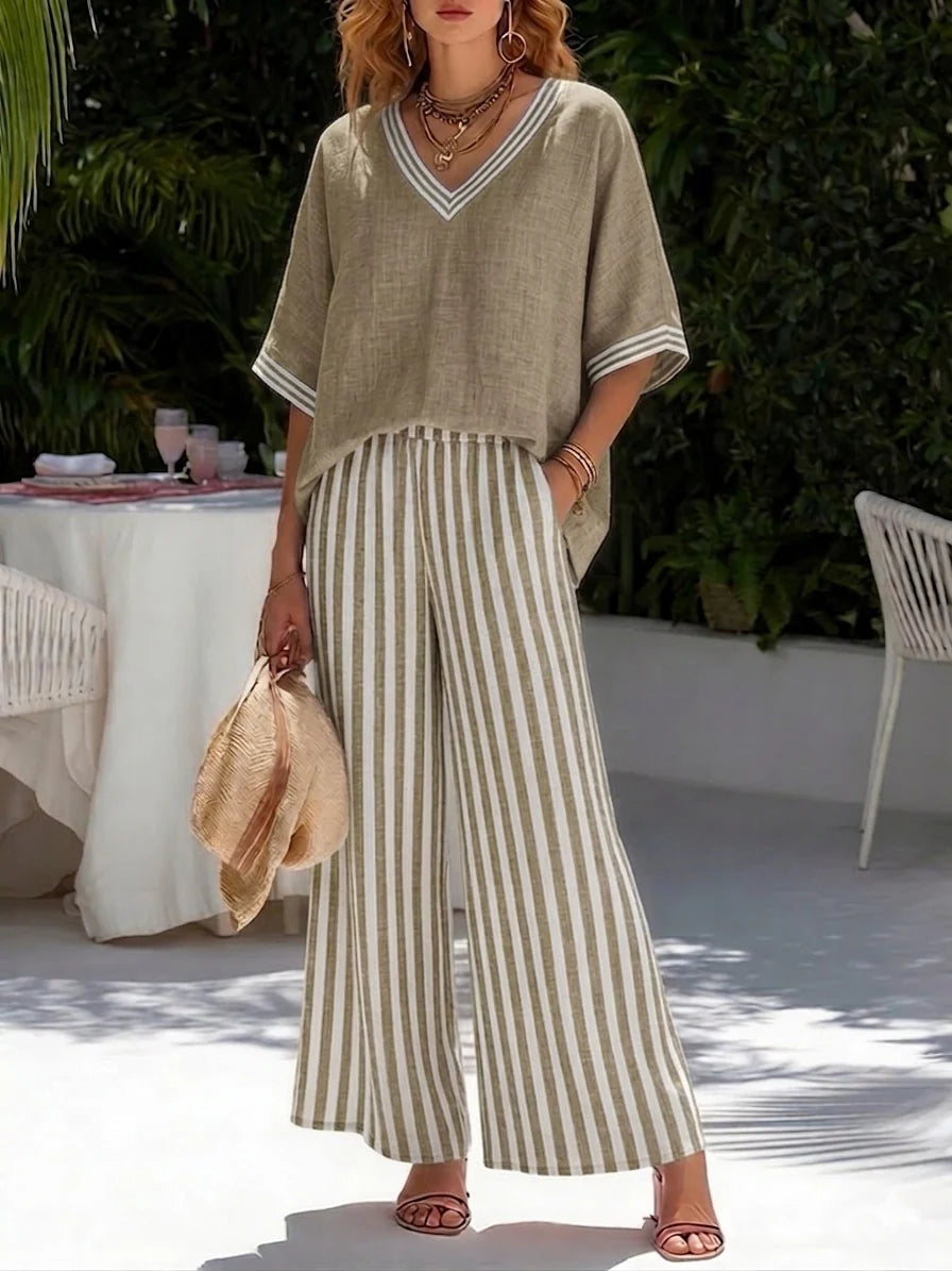 Cozy Loose-fit V Neck Striped Cotton Linen Two-piece Set