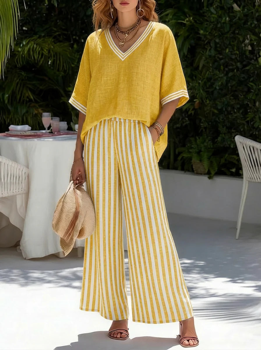 Cozy Loose-fit V Neck Striped Cotton Linen Two-piece Set