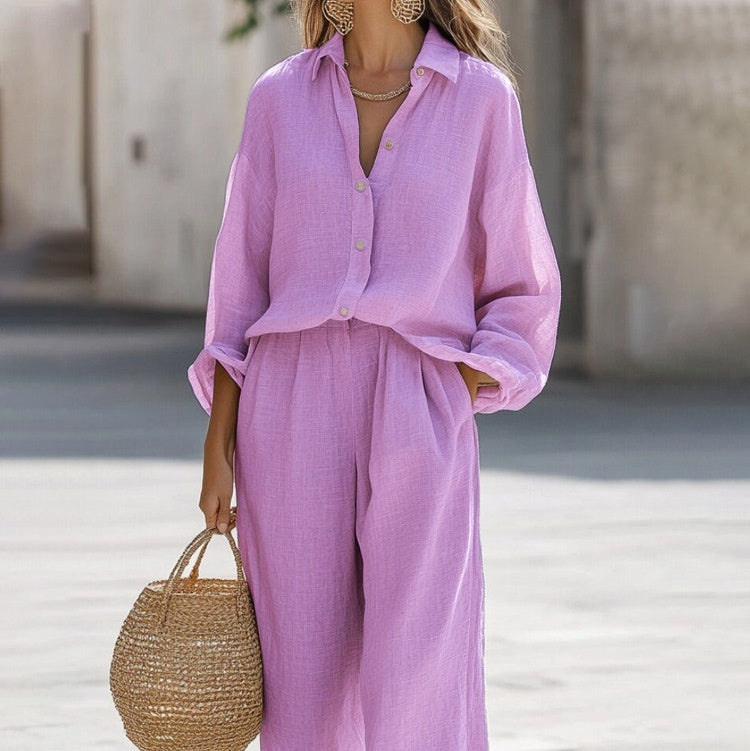 Women's Casual Lapel Long-sleeve Shirt And Trousers Set