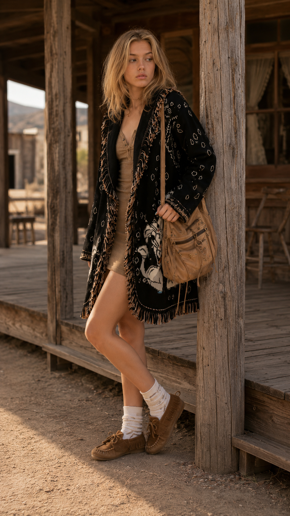 Western Rabbit Fringe Knit Cardigan Coat