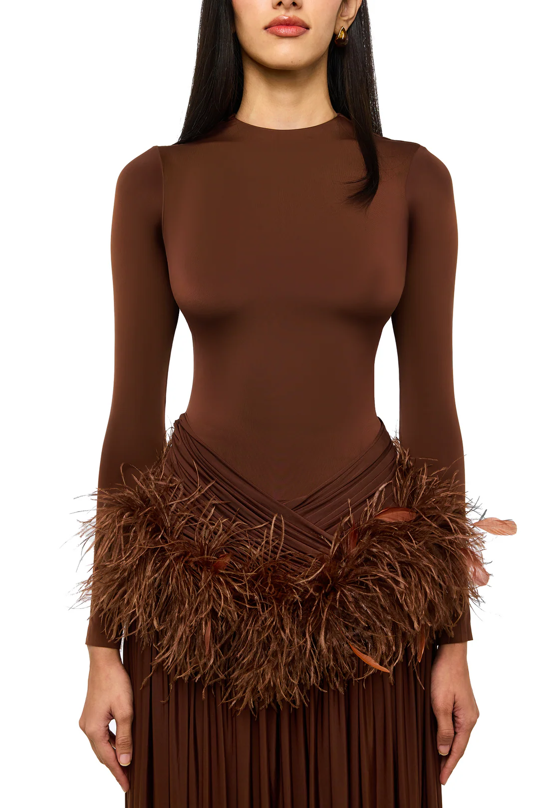 Brown Feather Waist Long Sleeve Maxi Dress