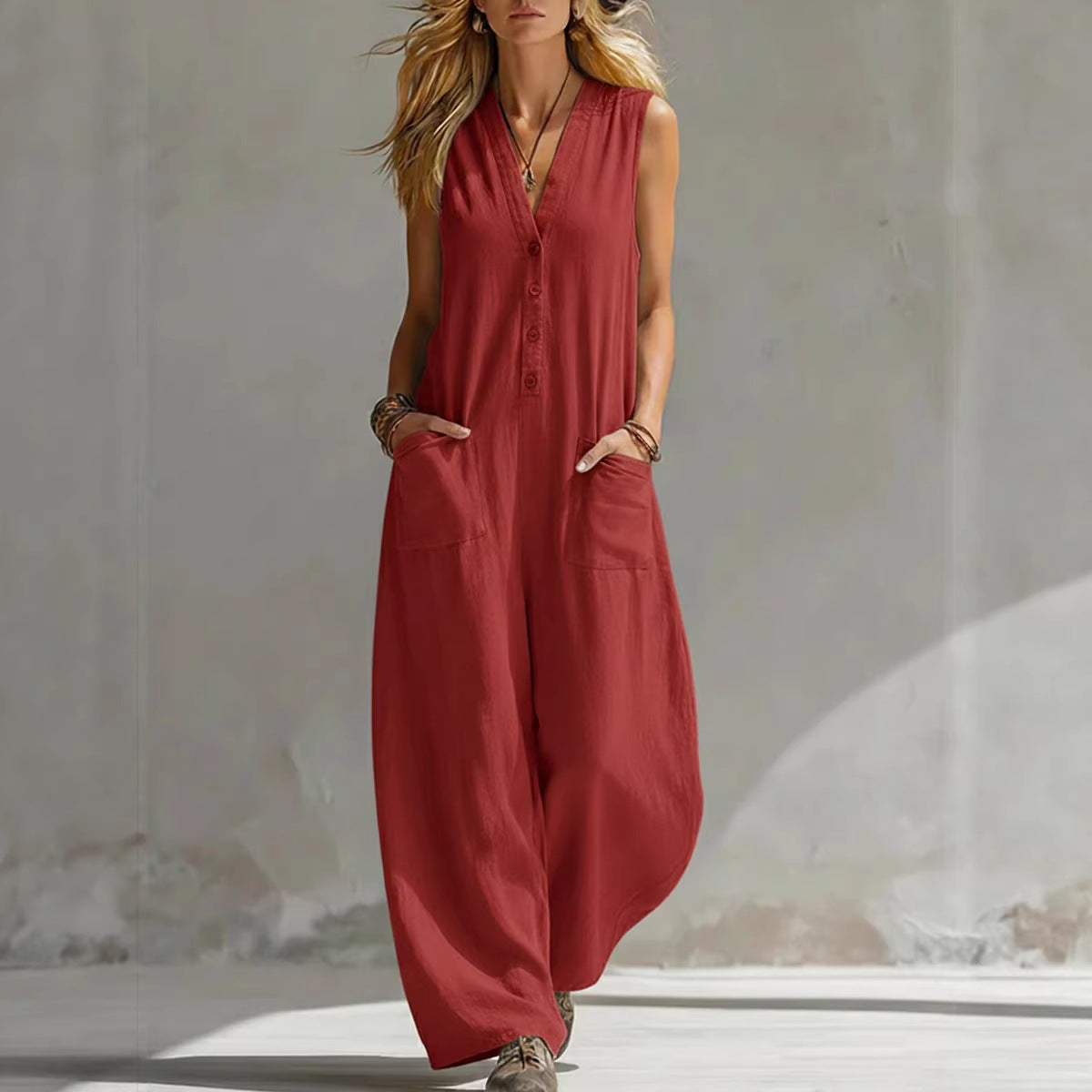 SpringSummer Womens Casual Linen-Cotton Sleeveless Jumpsuit