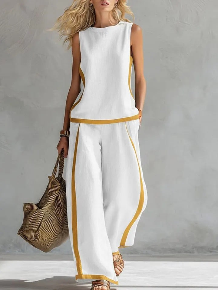 Round-neck Sleeveless Casual Loose Top And High-waist Loose Wide-leg Pants Set