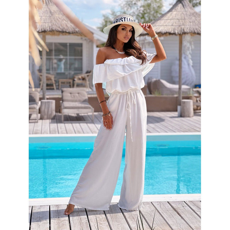 Ruffled Short Sleeves Elastic And Waisted Wide Leg Jumpsuit Trousers