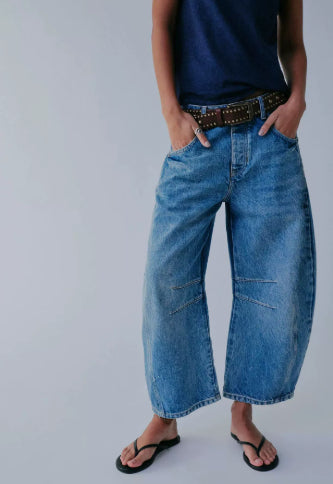 High Stretch Mid-Rise Barrel Jeans Fashion Wide Leg Shape Women Casual Baggy Mid Waist Denim Jeans
