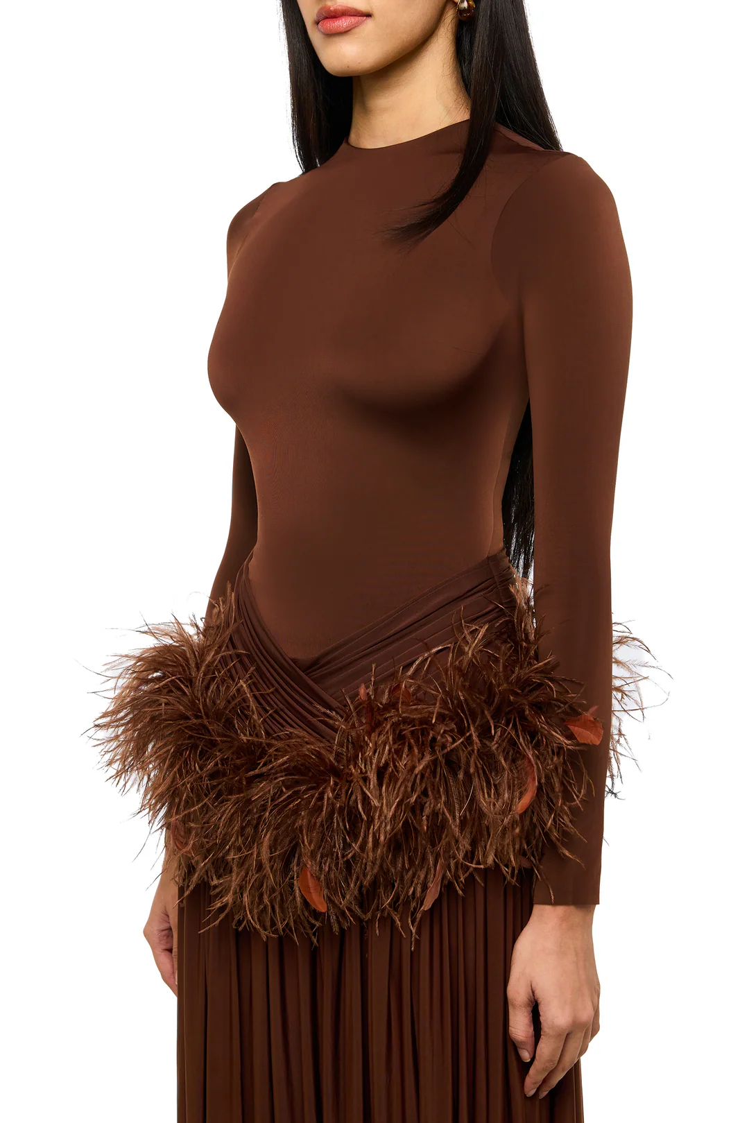 Brown Feather Waist Long Sleeve Maxi Dress