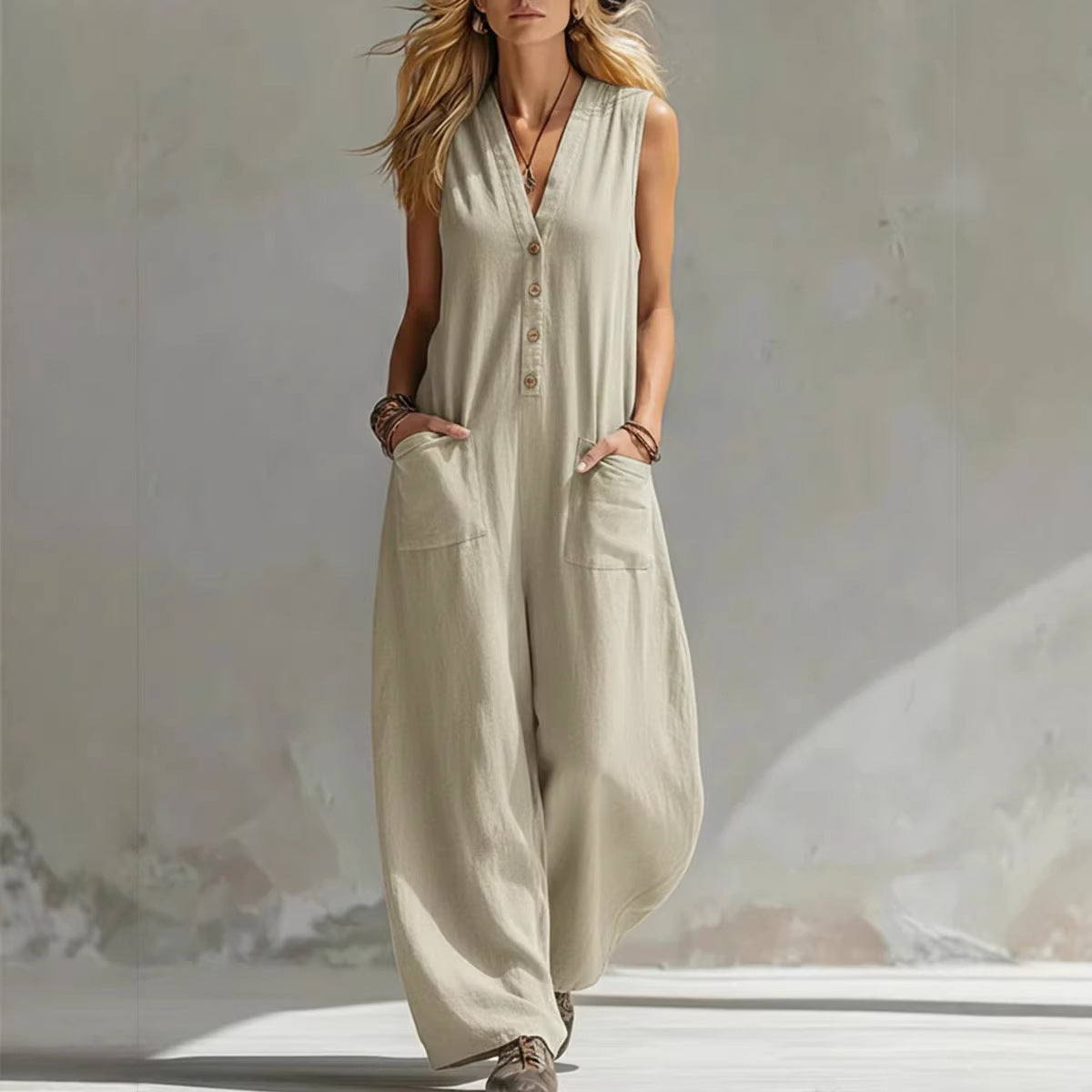 SpringSummer Womens Casual Linen-Cotton Sleeveless Jumpsuit