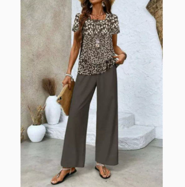 Print Suits Sleeveless Double-layer Vest And Loose Straight Pants Womens Clothing