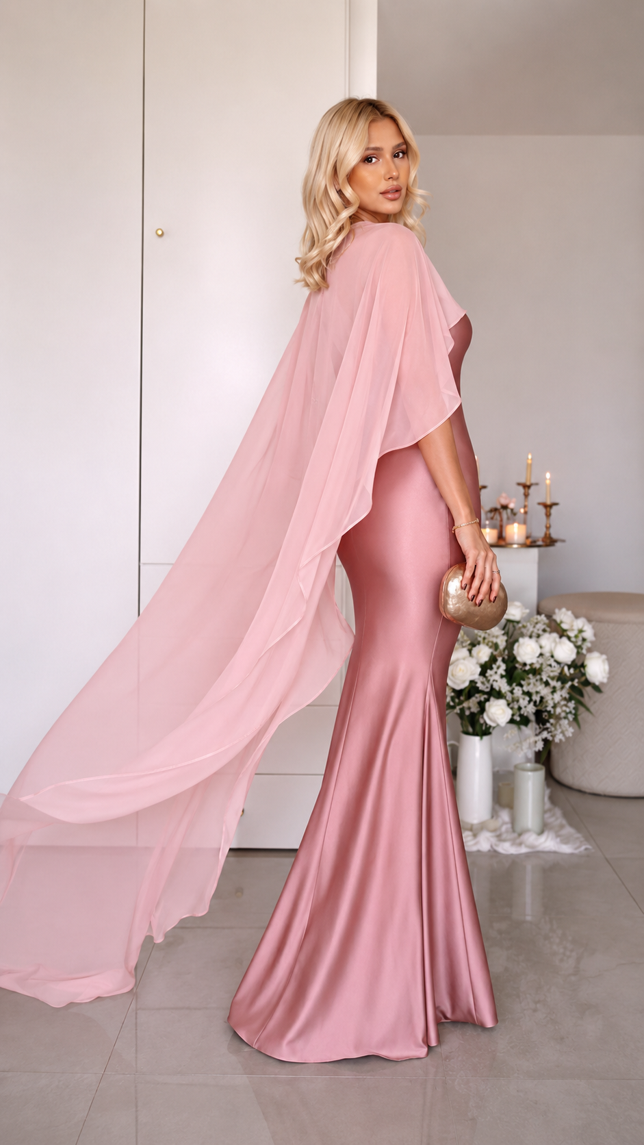 Satin Cape Gown Maxi Dress