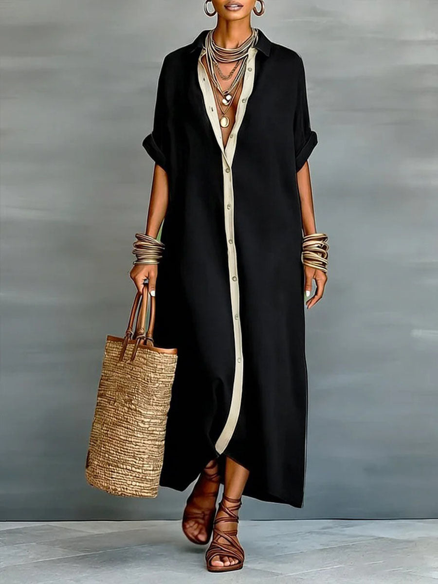Loose Short Sleeves Buttoned Pockets Split-Joint Lapel Maxi Dresses
