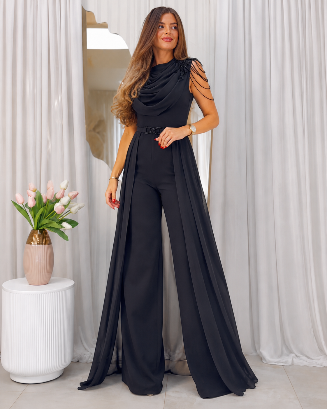 Elegant Draped Chiffon Overlay Jumpsuit
