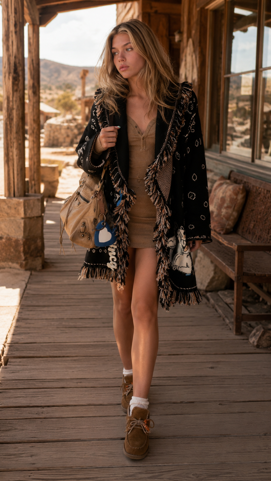 Western Rabbit Fringe Knit Cardigan Coat