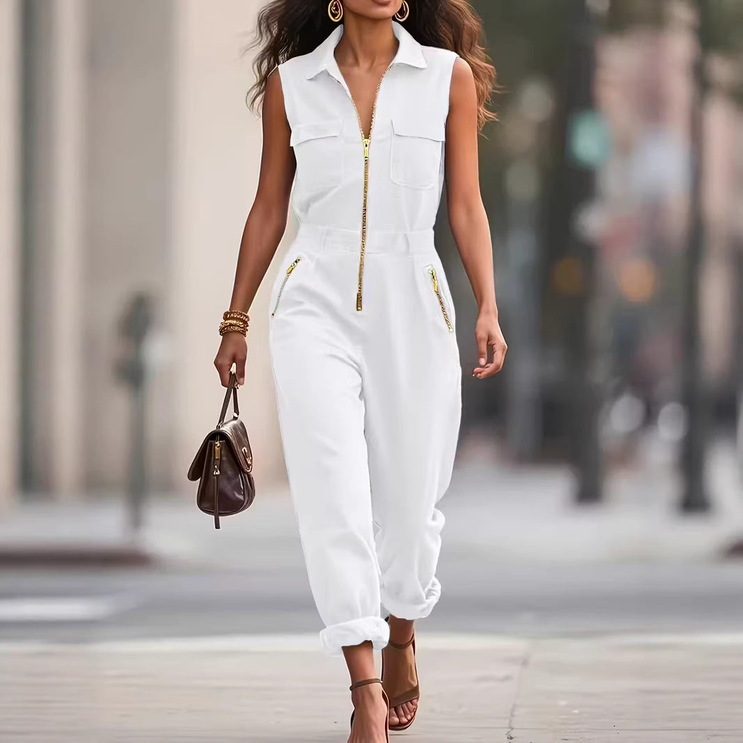 New Springsummer Elegant Solid-color Zip-up Jumpsuit