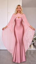 Satin Cape Gown Maxi Dress