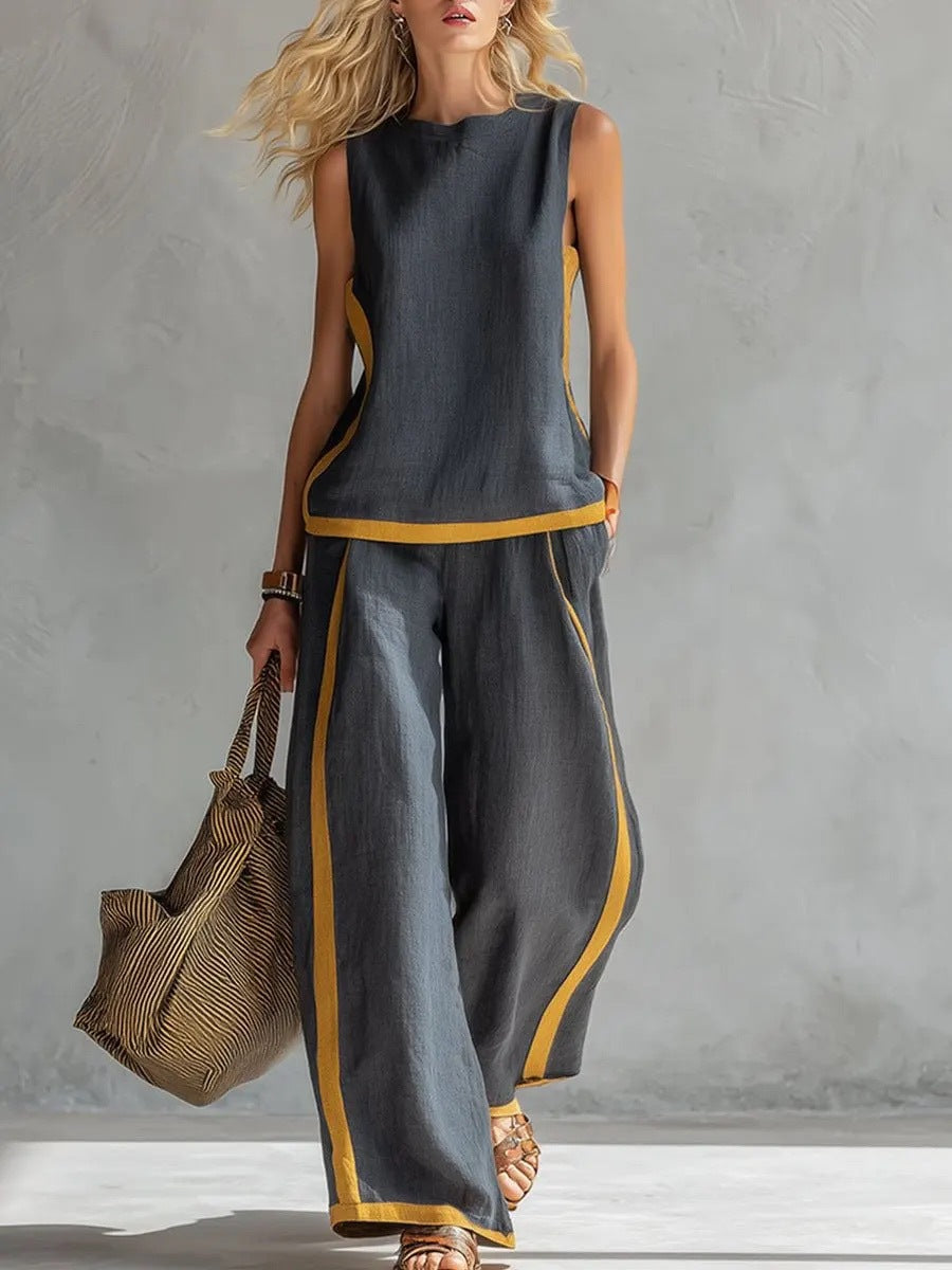 Round-neck Sleeveless Casual Loose Top And High-waist Loose Wide-leg Pants Set