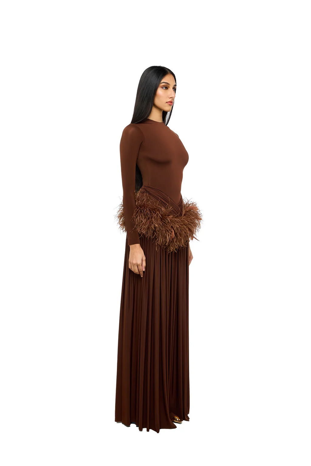 Brown Feather Waist Long Sleeve Maxi Dress
