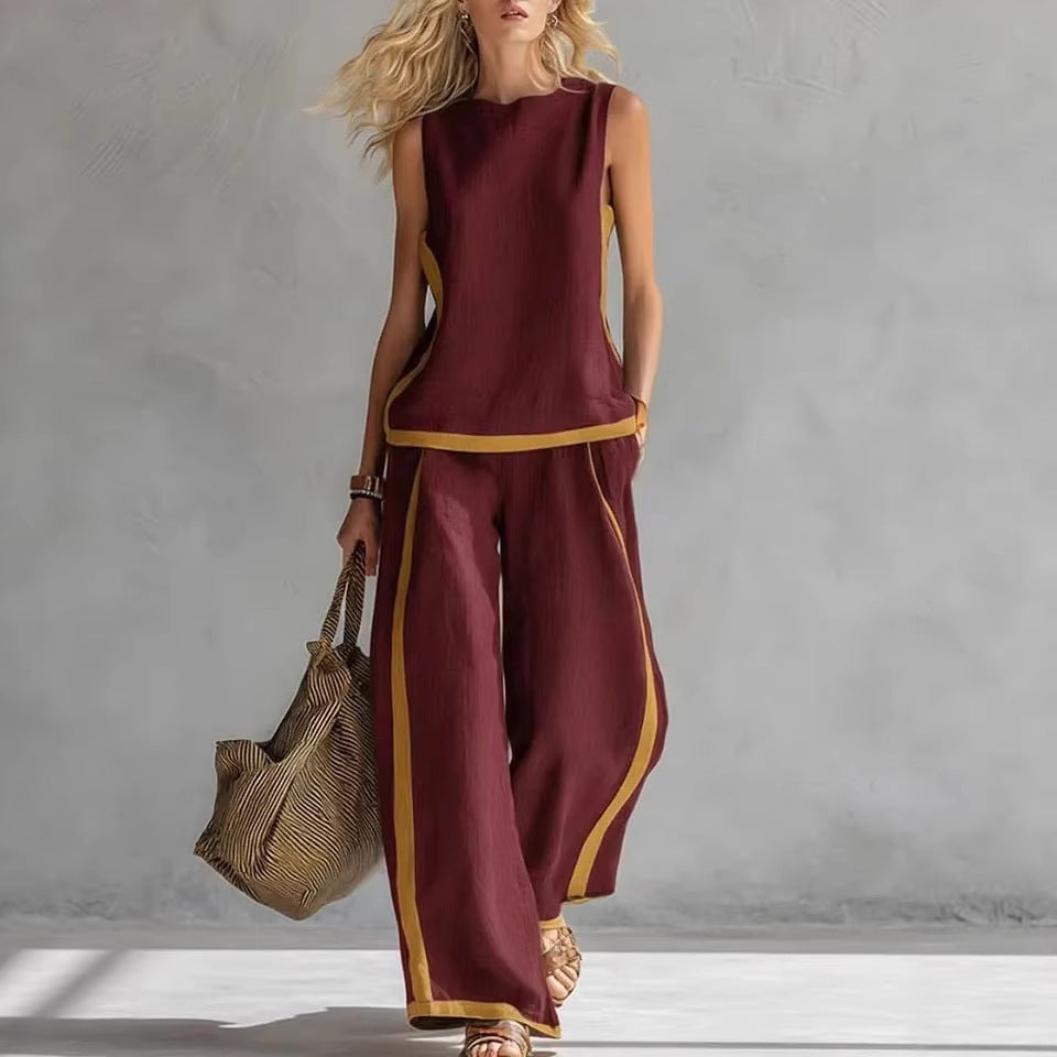 Round-neck Sleeveless Casual Loose Top And High-waist Loose Wide-leg Pants Set