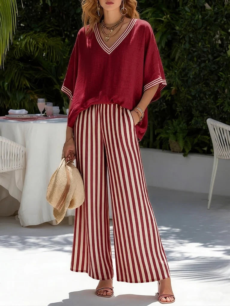 Cozy Loose-fit V Neck Striped Cotton Linen Two-piece Set