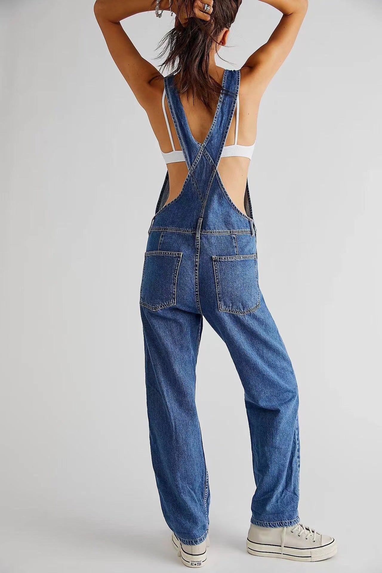 Women's High-Waisted Jumpsuit Overalls With Pockets Loose Fit Denim Trousers Casual Straight Leg Pants
