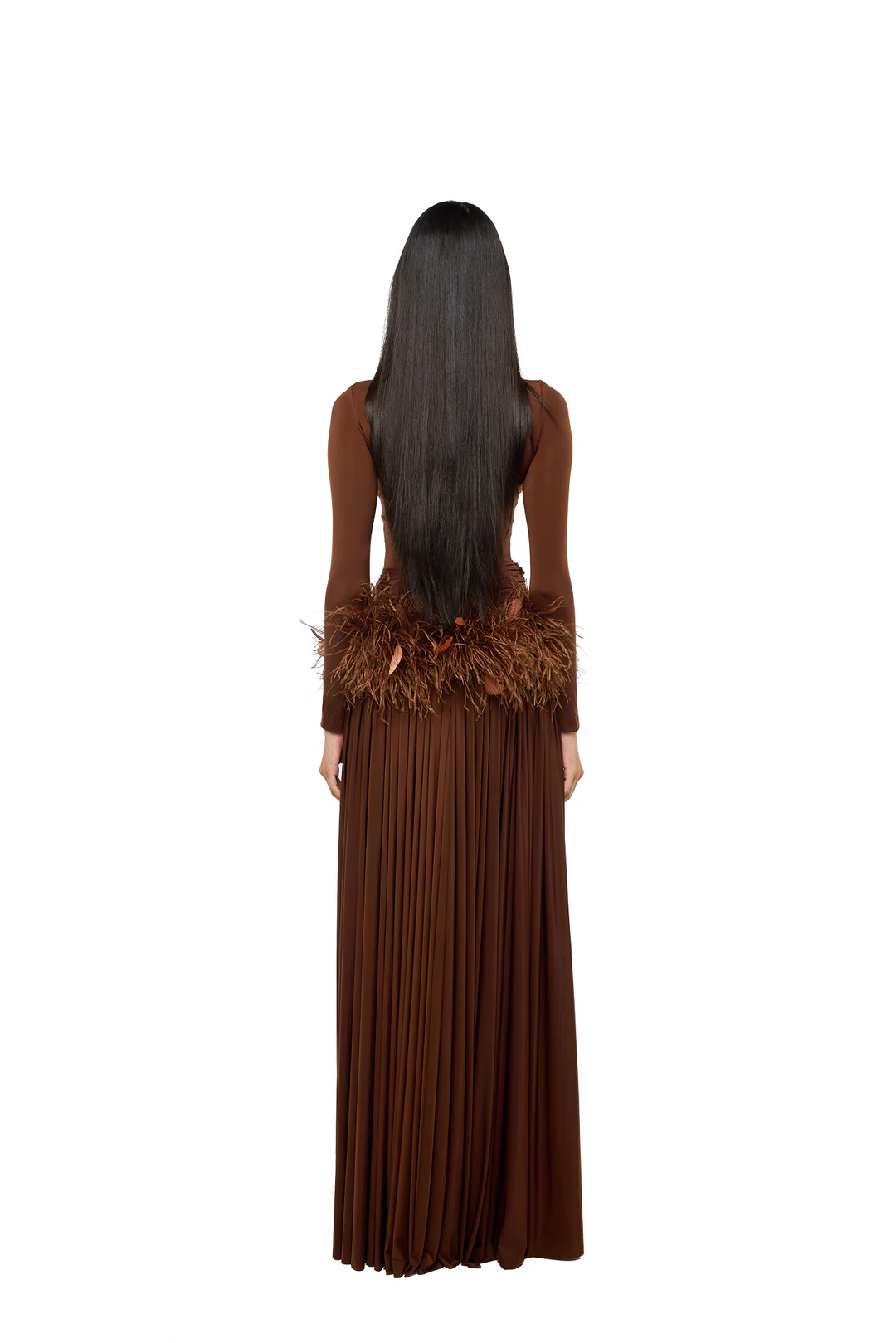 Brown Feather Waist Long Sleeve Maxi Dress
