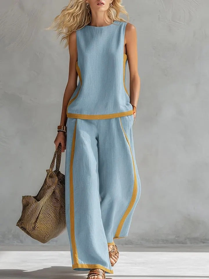 Round-neck Sleeveless Casual Loose Top And High-waist Loose Wide-leg Pants Set