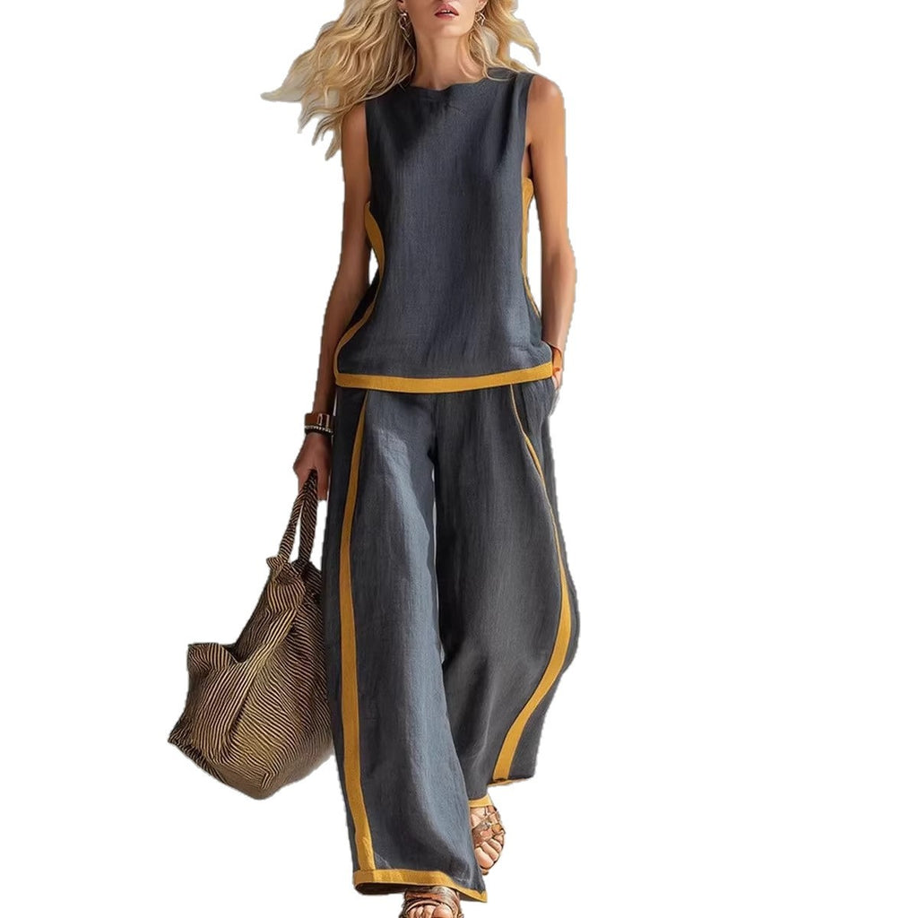 Round-neck Sleeveless Casual Loose Top And High-waist Loose Wide-leg Pants Set