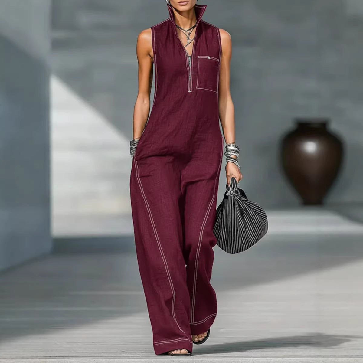 Stand-up Collar Jumpsuit With Pockets Summer Fashion Casual Sleeveless Jumpsuit Trousers Women's Clothing