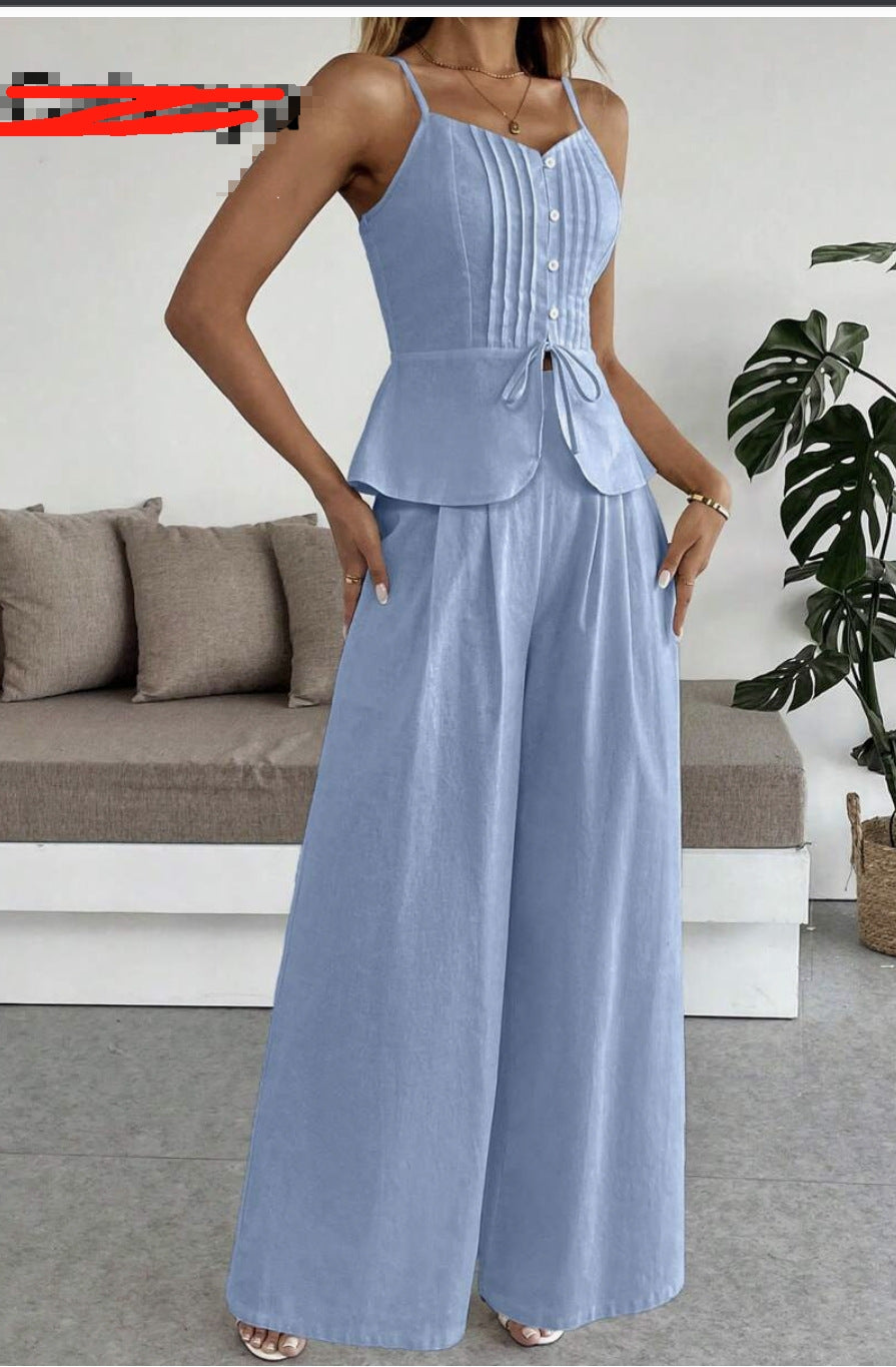 Fashion Suspenders Vest High Waist Wide Leg Pants Two-piece Set