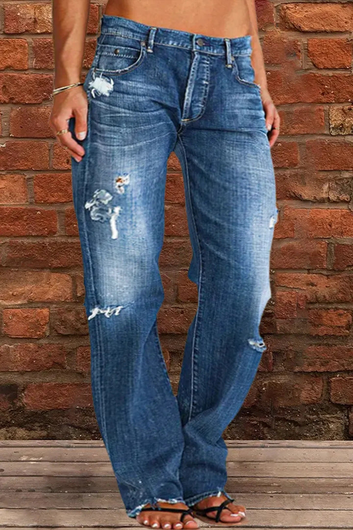 Ripped Jeans Loose Wide Leg Denim Pants Leisure Commuting Trousers Women's Clothing