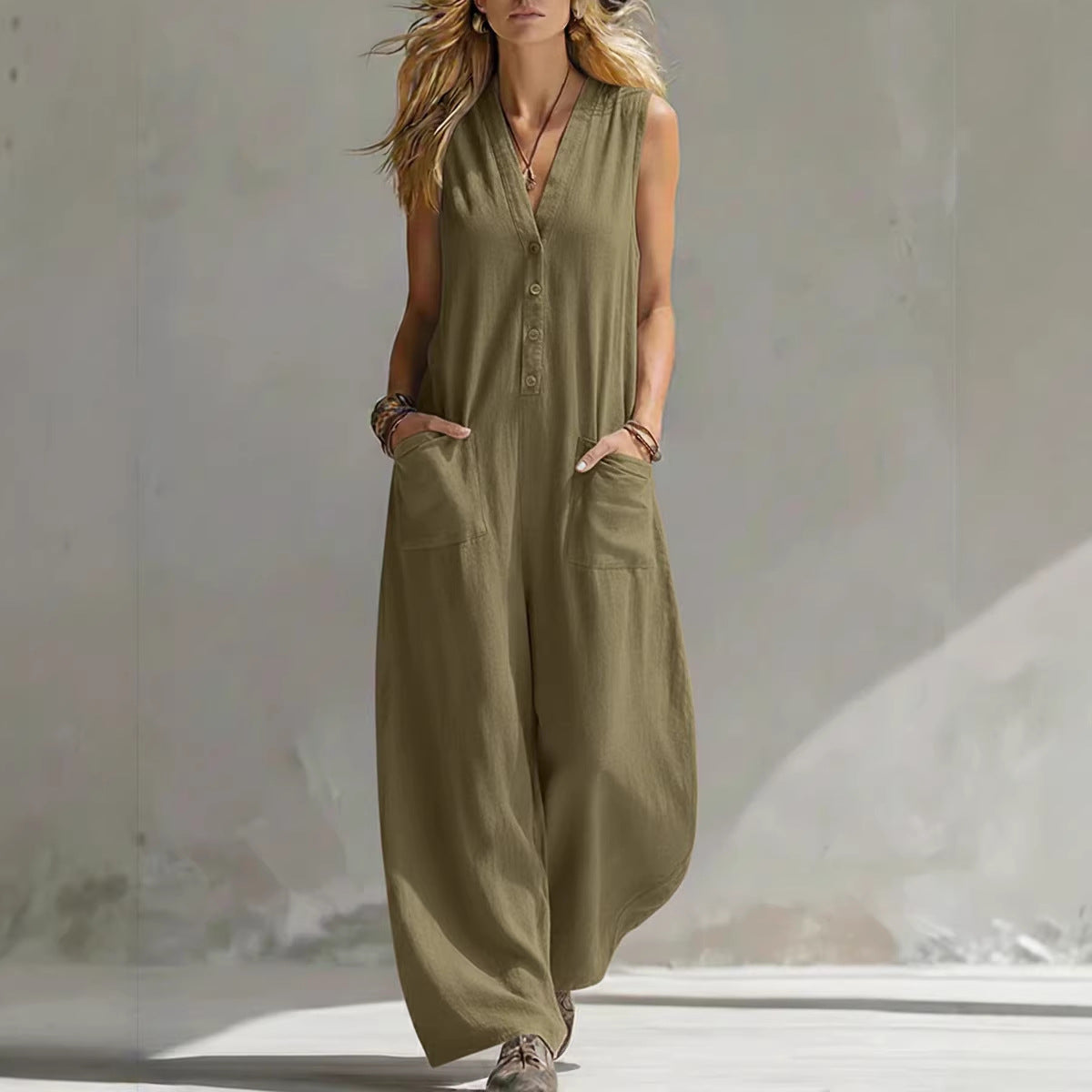 SpringSummer Womens Casual Linen-Cotton Sleeveless Jumpsuit