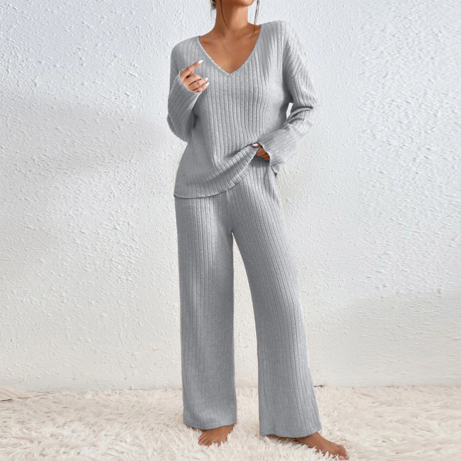 Long Sleeve V-neck Knitted Sunken Stripe Brushed Loose Leisure Suit