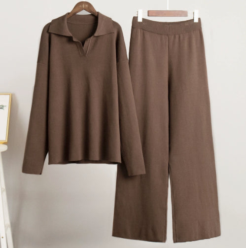 Women's Sweatshirt Suit Casual Collared Long-Sleeved Pullover Top And Loose Straight-Leg Pants Fashion Sport Trousers Set