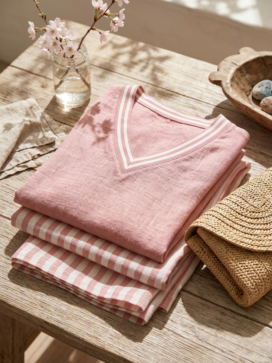 Cozy Loose-fit V Neck Striped Cotton Linen Two-piece Set