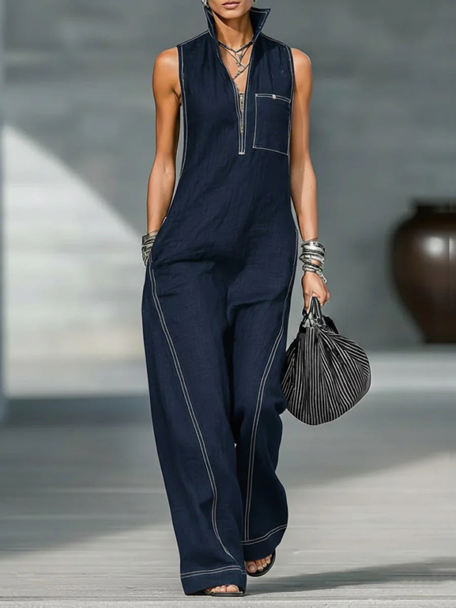 Stand-up Collar Jumpsuit With Pockets Summer Fashion Casual Sleeveless Jumpsuit Trousers Women's Clothing