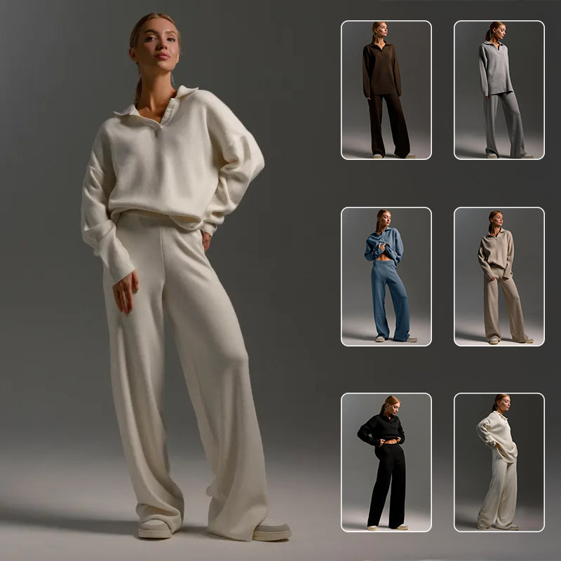 Women's Sweatshirt Suit Casual Collared Long-Sleeved Pullover Top And Loose Straight-Leg Pants Fashion Sport Trousers Set