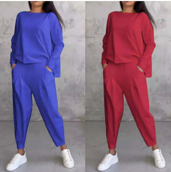 Women's Irregular Suit Long-sleeved Round Neck Top And Loose Harem Pants With Pockets Ins Fashion Trousers Set Women's Clothing