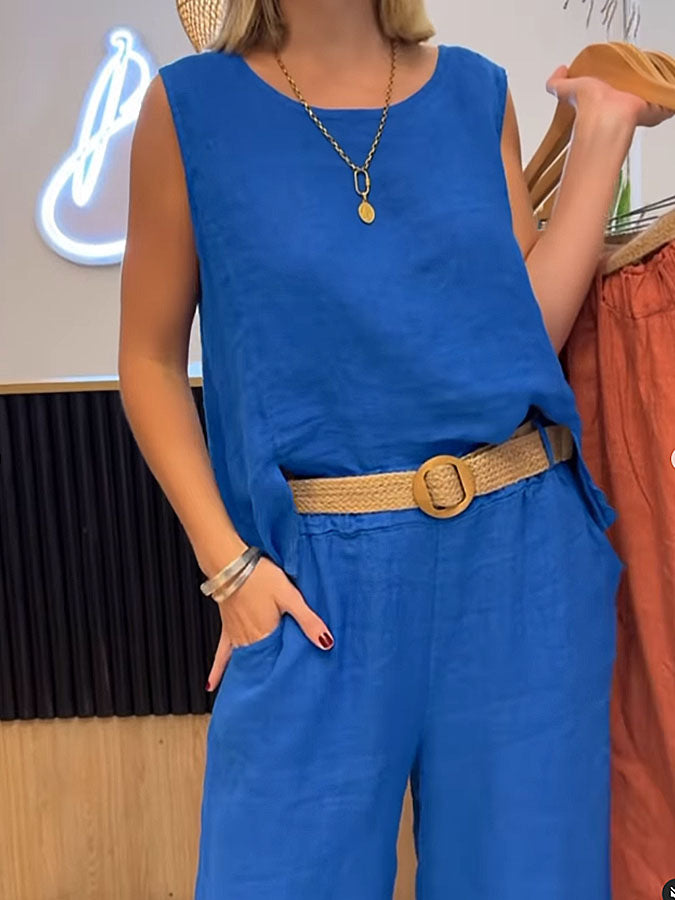 Women's Casual Round Neck Vest Cotton Linen Sleeveless Trousers Two-piece Suit