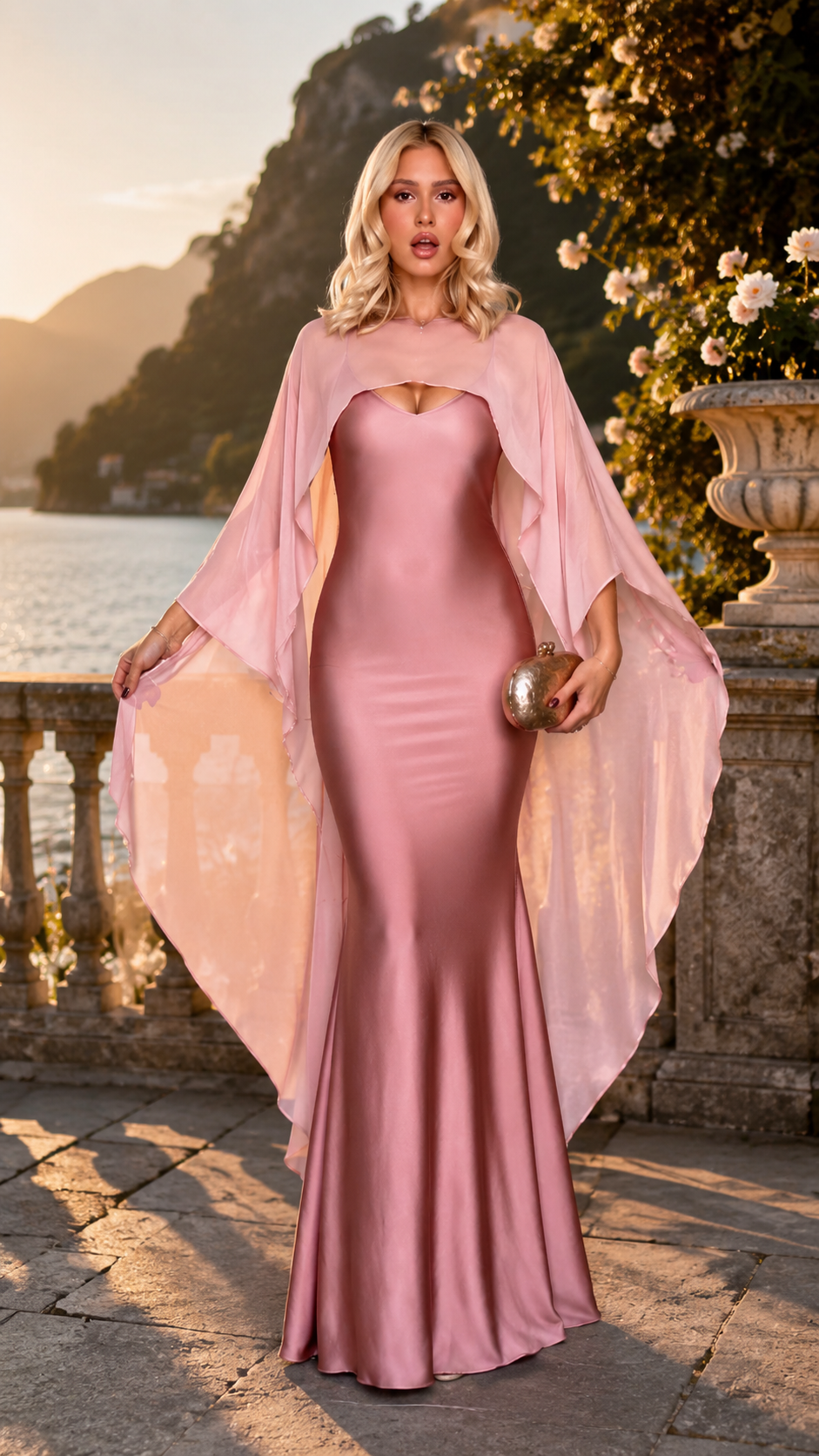 Satin Cape Gown Maxi Dress
