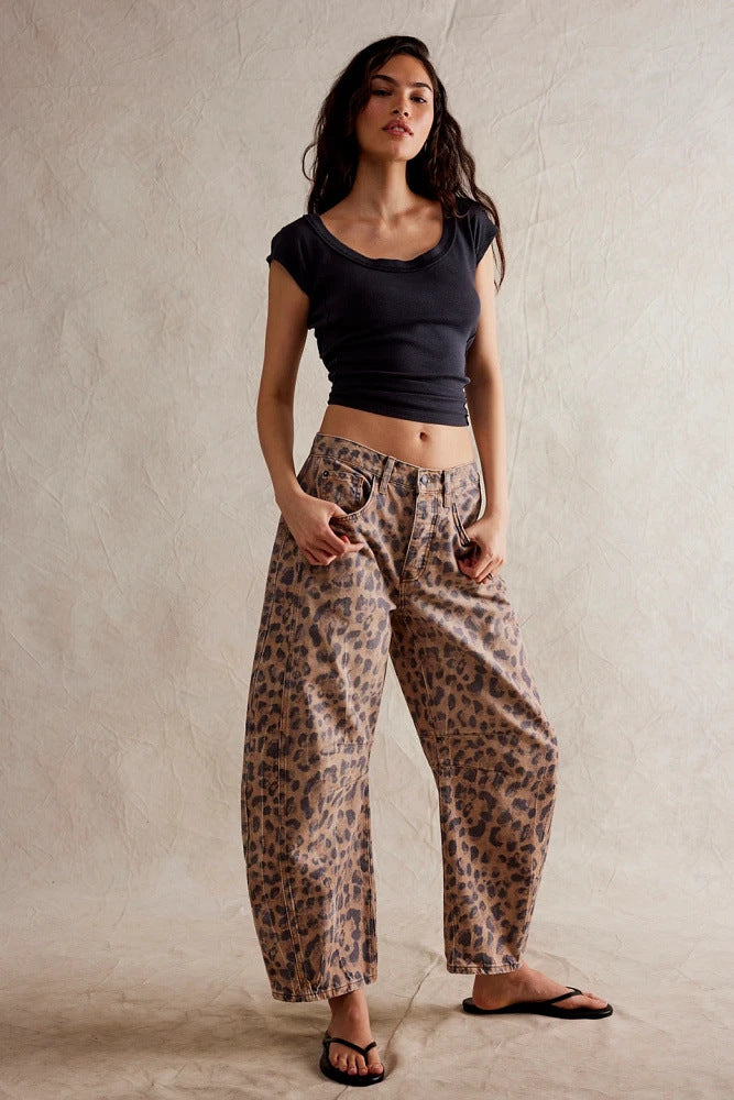 High Stretch Mid-Rise Barrel Jeans Fashion Wide Leg Shape Women Casual Baggy Mid Waist Denim Jeans