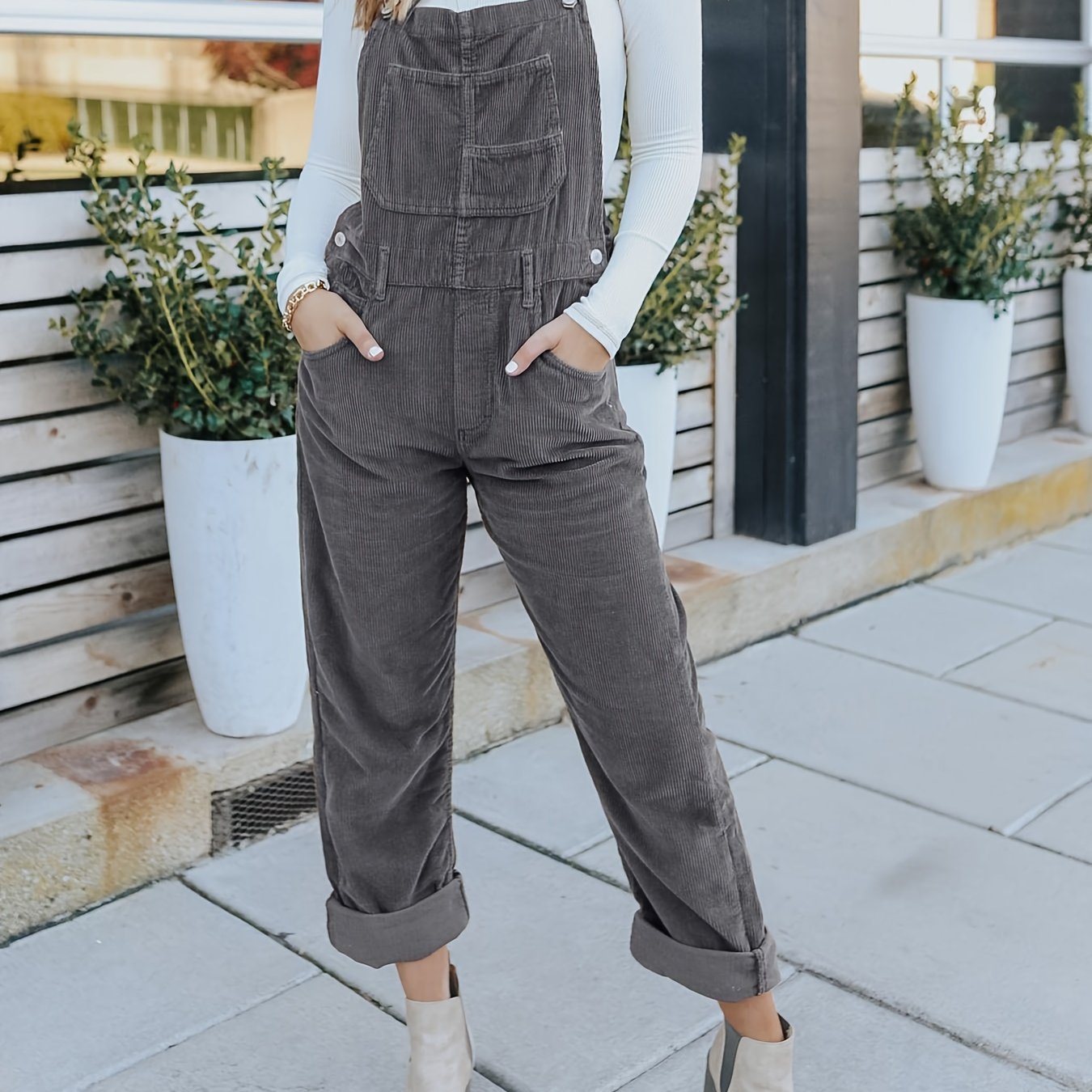 Women's High-Waisted Jumpsuit Overalls With Pockets Loose Fit Denim Trousers Casual Straight Leg Pants