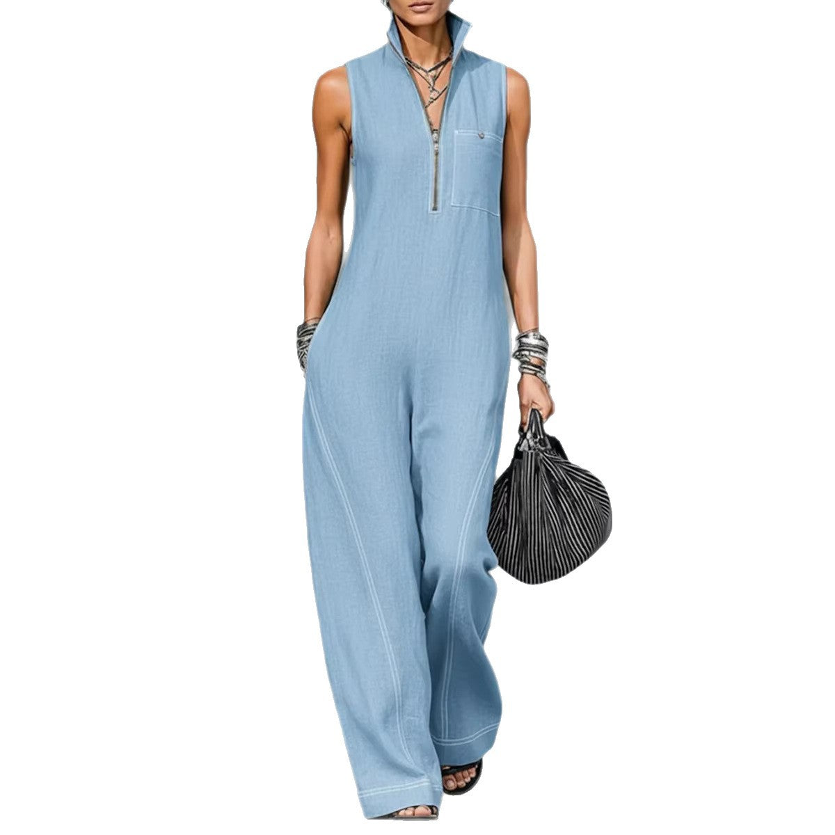 Stand-up Collar Jumpsuit With Pockets Summer Fashion Casual Sleeveless Jumpsuit Trousers Women's Clothing