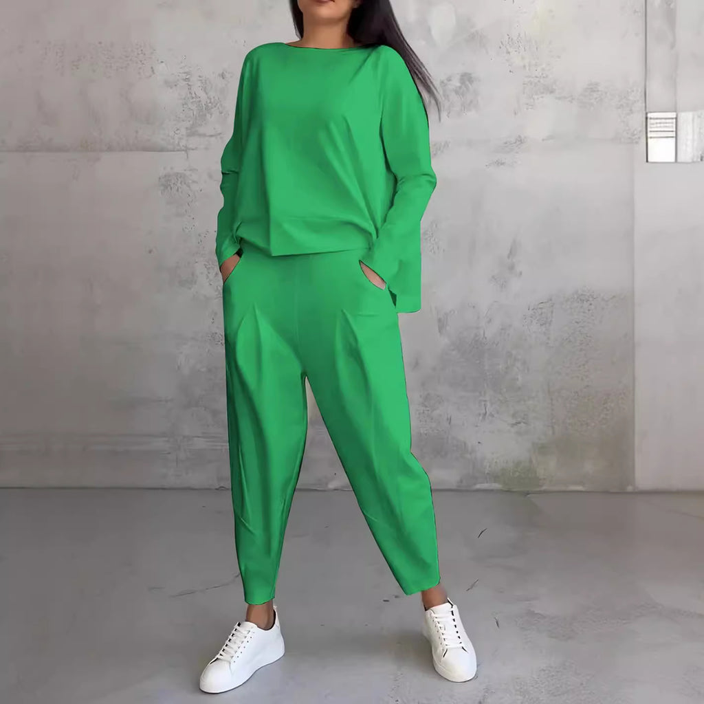 Women's Irregular Suit Long-sleeved Round Neck Top And Loose Harem Pants With Pockets Ins Fashion Trousers Set Women's Clothing