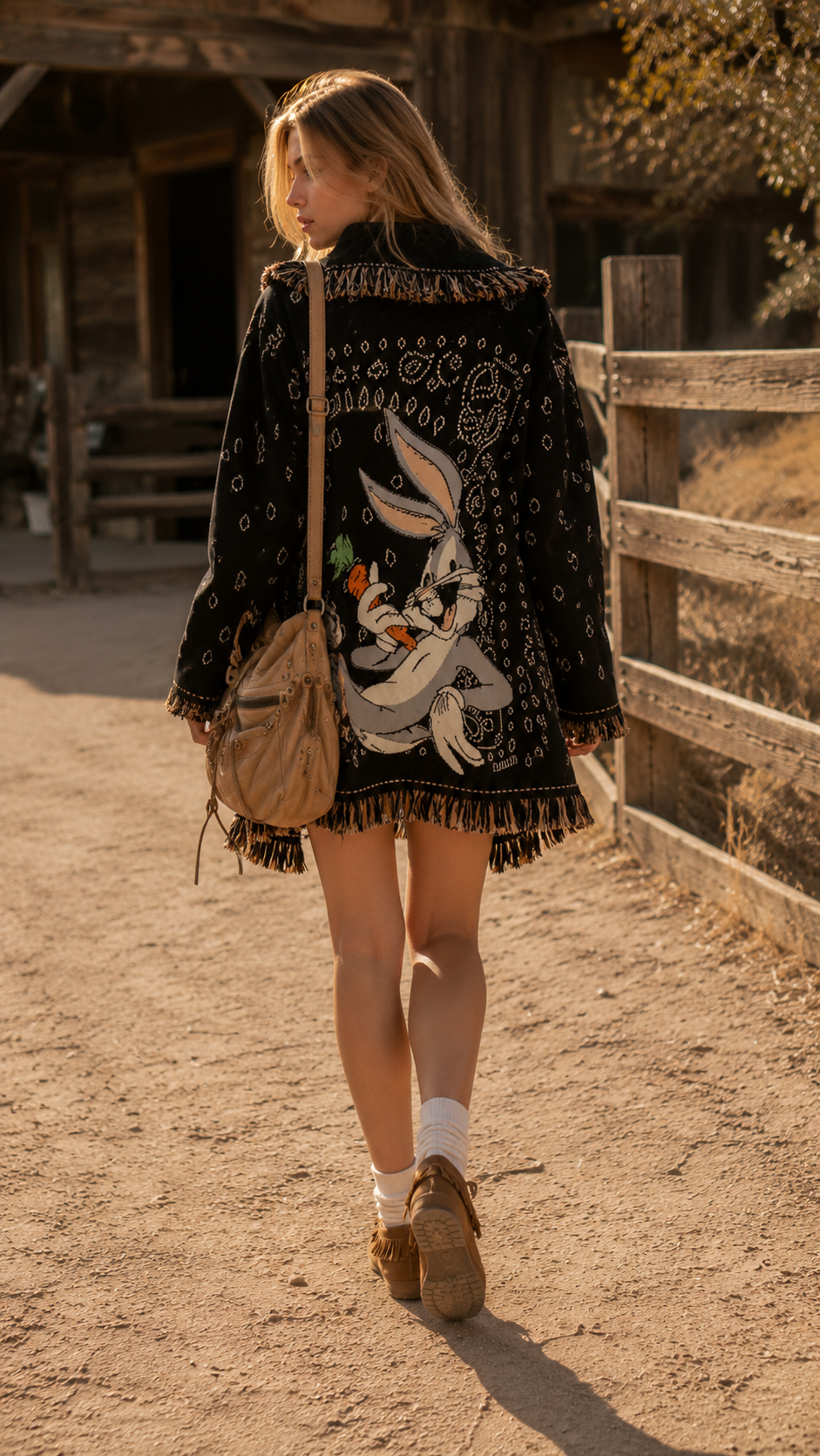 Western Rabbit Fringe Knit Cardigan Coat