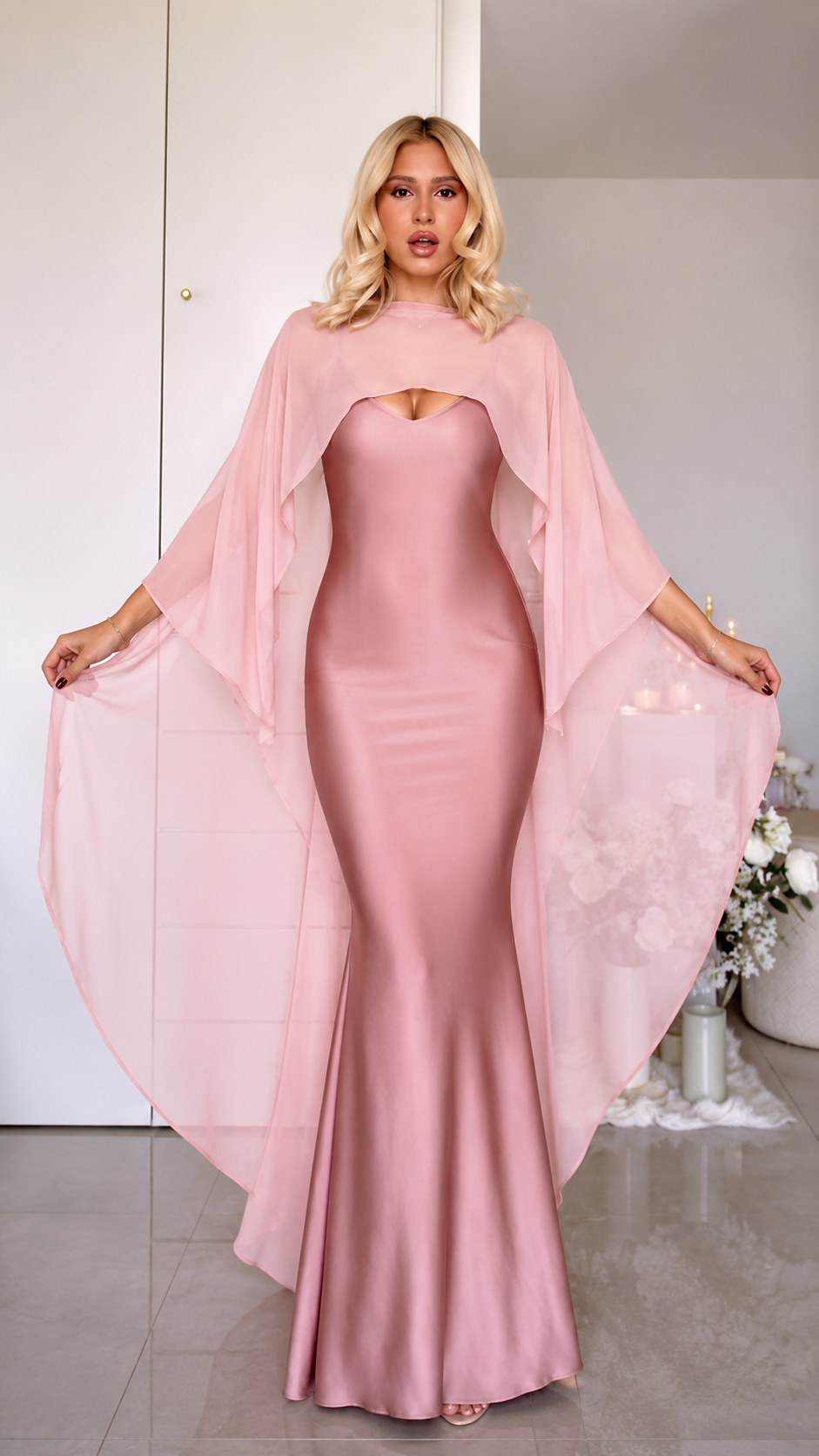 Satin Cape Gown Maxi Dress